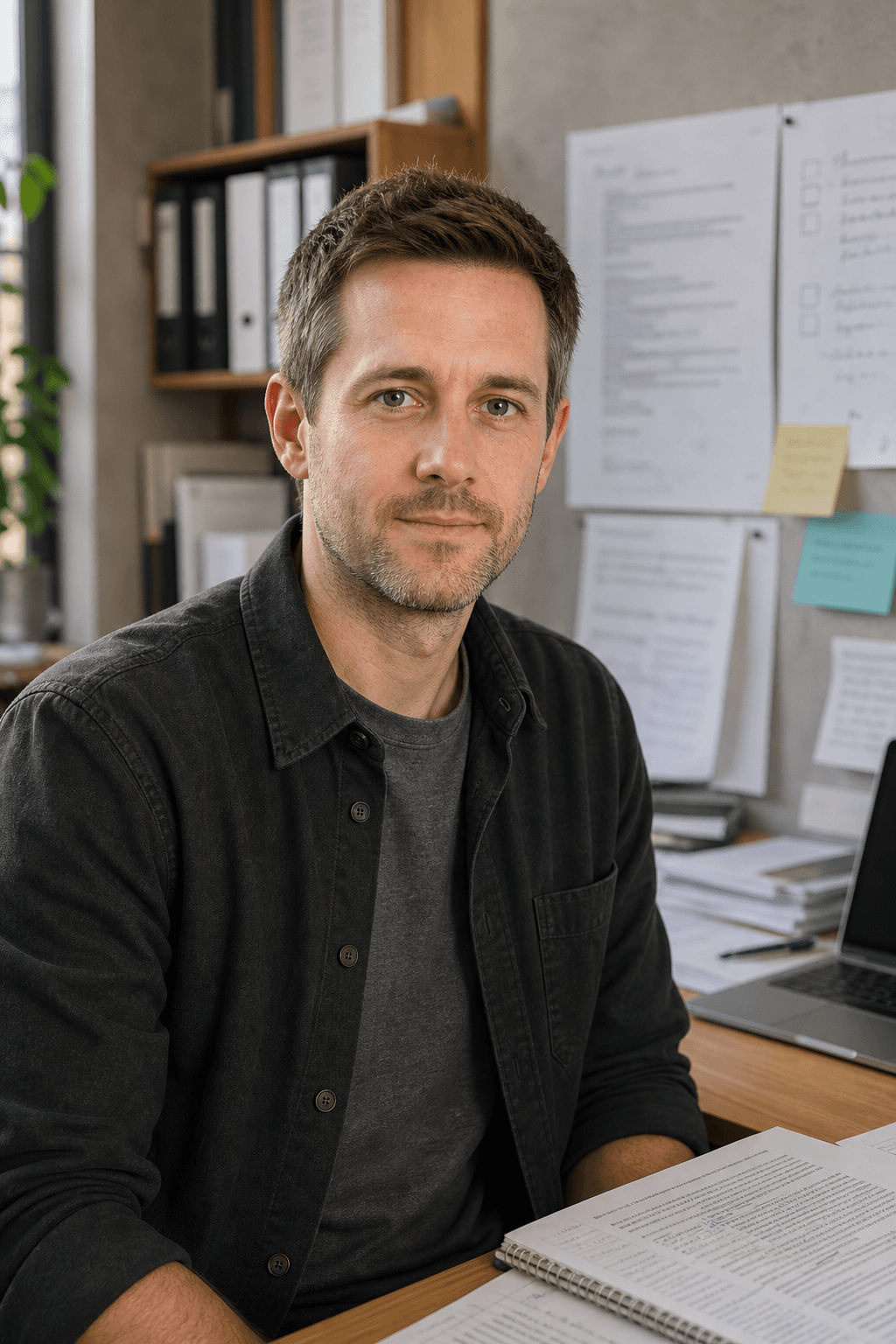 Tobias Kranz an einem Schreibtisch mit Unterlagen für lange wissenschaftliche Arbeiten