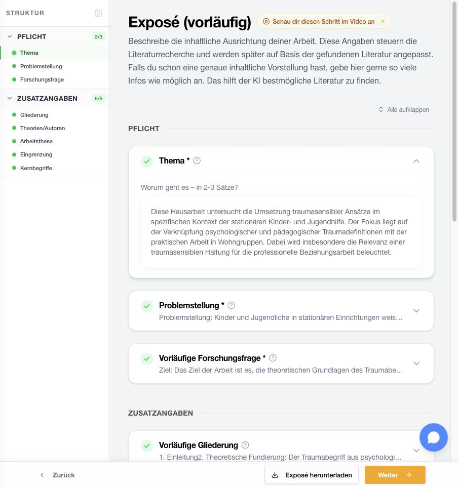 StudyTexter Exposé-Ansicht mit Forschungsfrage, Ziel und Struktur