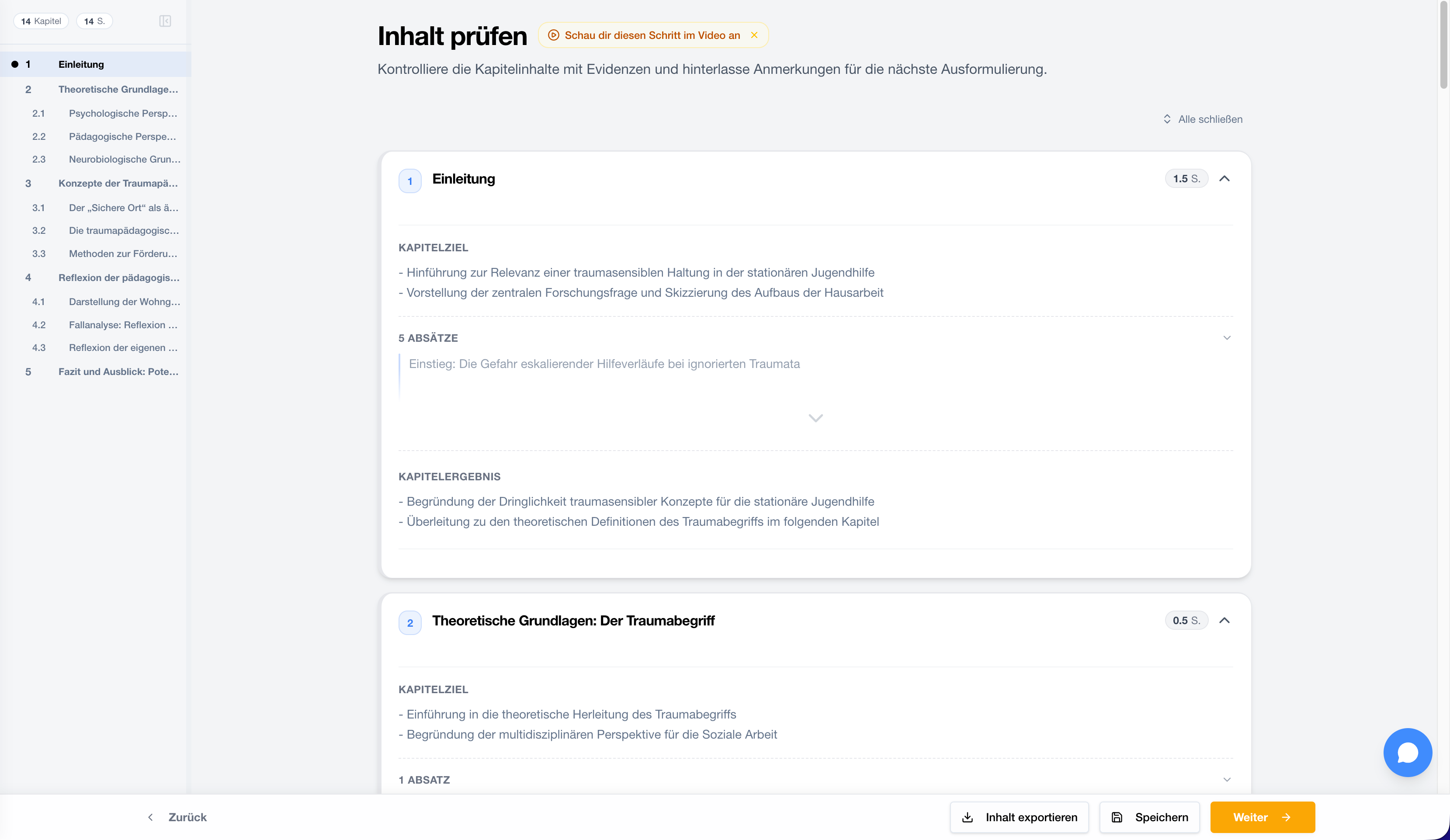 StudyTexter Inhaltsansicht für Argumente, Belege und offene Stellen