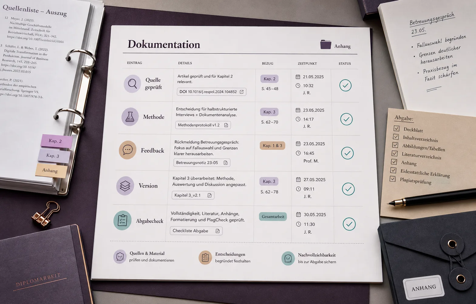 Visualisierung eines Dokumentationslogs für Quellenprüfung, Methode, Feedback, Versionen und Abgabecheck