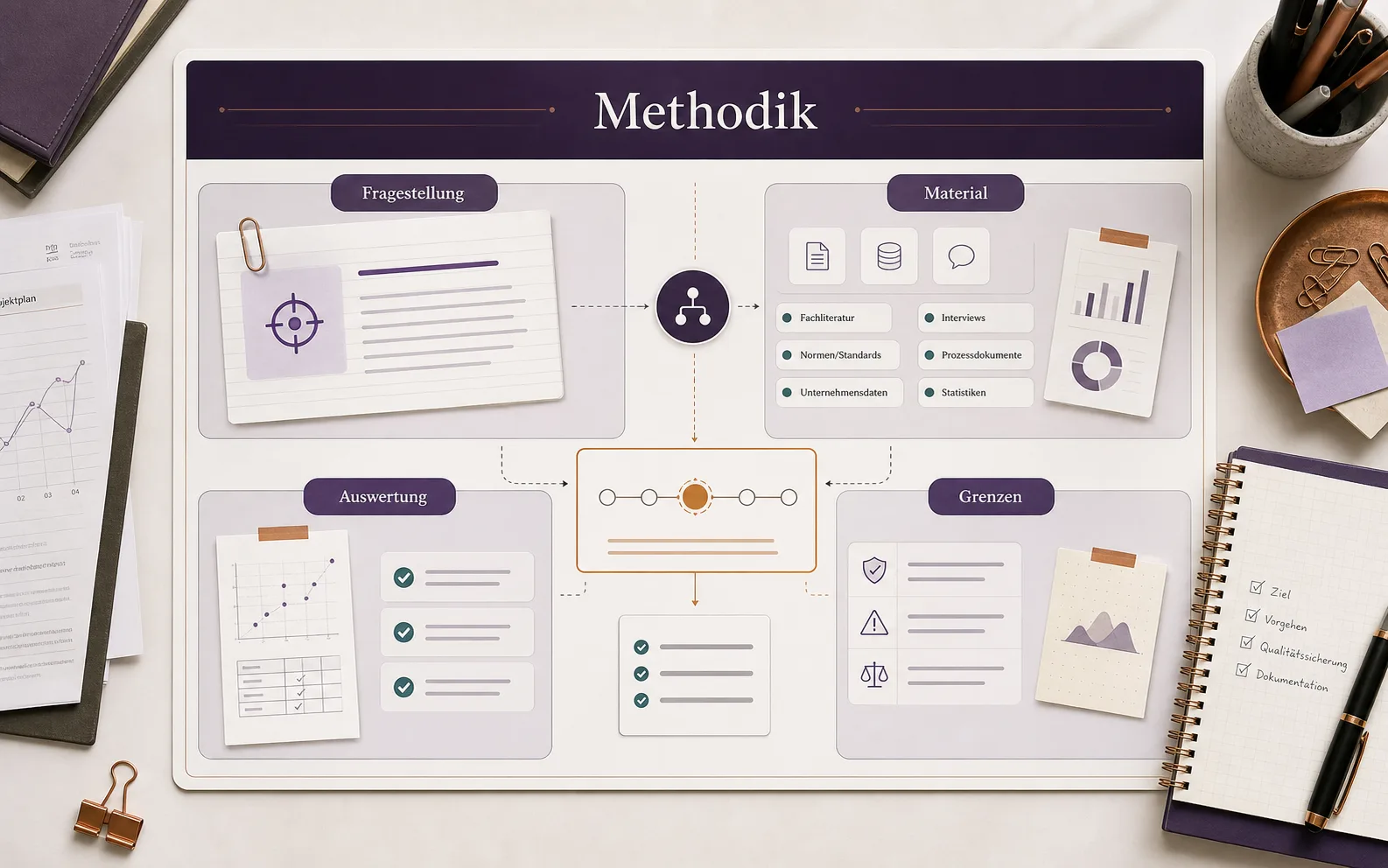 Visualisierung eines Methodik-Boards für eine Diplomarbeit mit Fragestellung, Material, Auswertung und Grenzen
